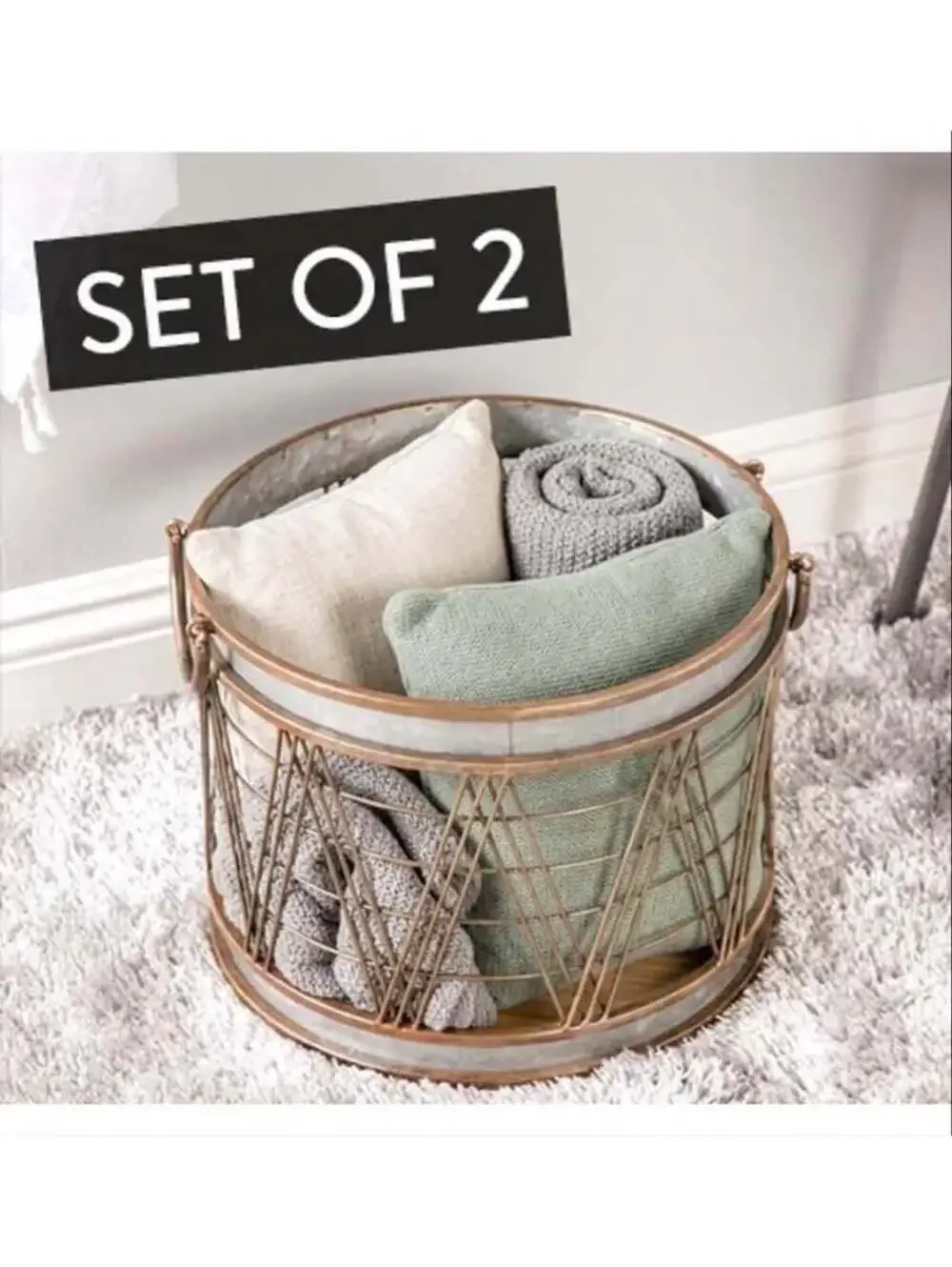 Galvanized Metal & Wood Barrel Storage Basket Planters Set Of 2 Blanket Bin